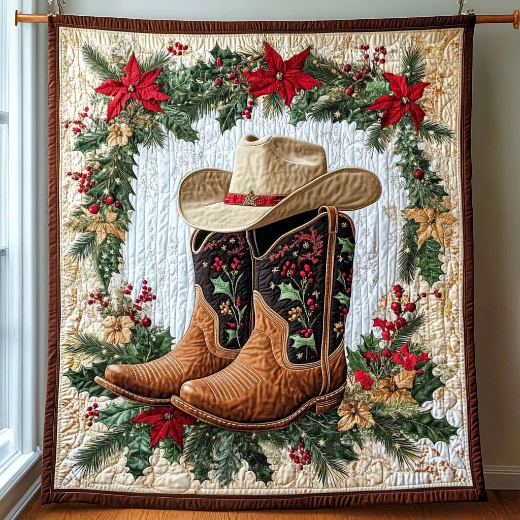 Cowboy Christmas Quilt, Boots Hat Western Holiday