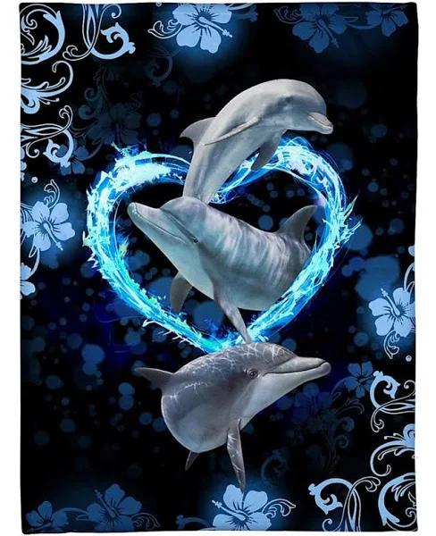 Dolphin Heart Quilt, Blue Neon Ocean Throw