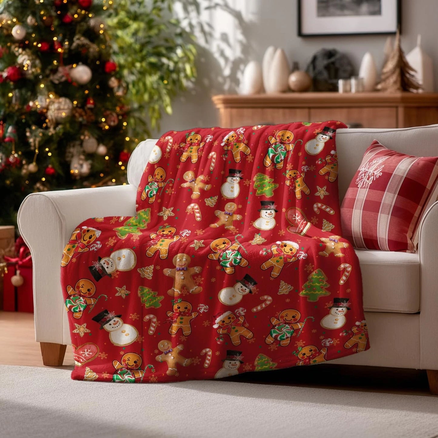 Christmas Flannel Blanket, Red Gingerbread Man Christmas