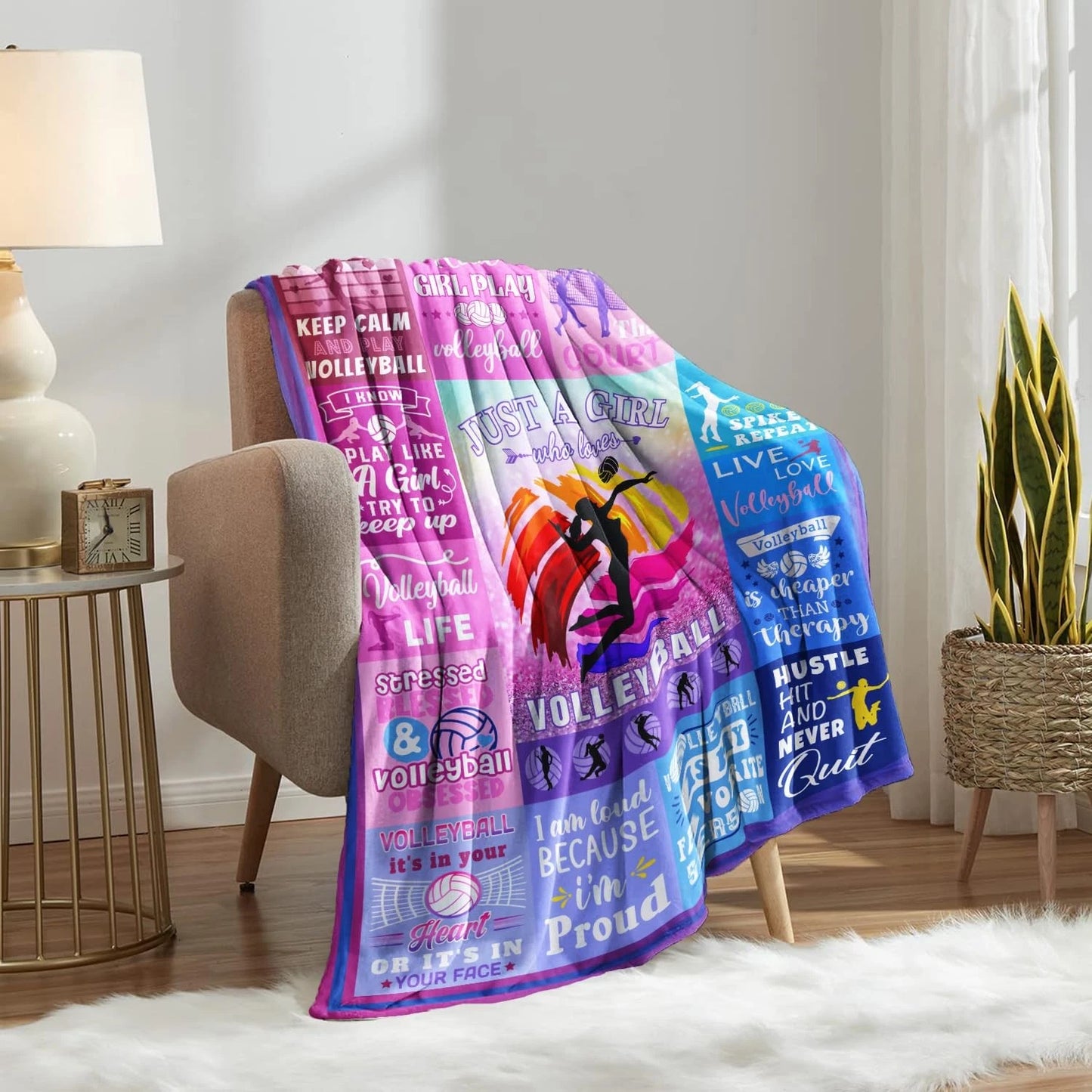 Volleyball Girl Glitter Pink Blue Blanket Gift