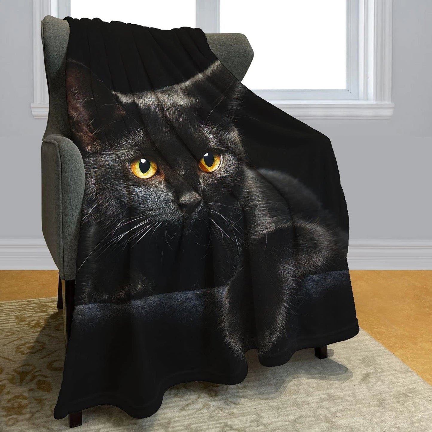Black Cat Blanket Modern Black Decorative Big Eyes