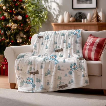 Christmas Flannel Blanket, Blue Snowman Pine Snow